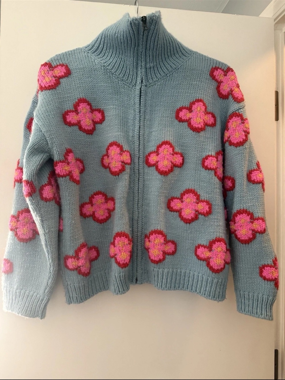 TACH Light Blue Zip-Up Floral Turtleneck Sweater with Pink Flowers